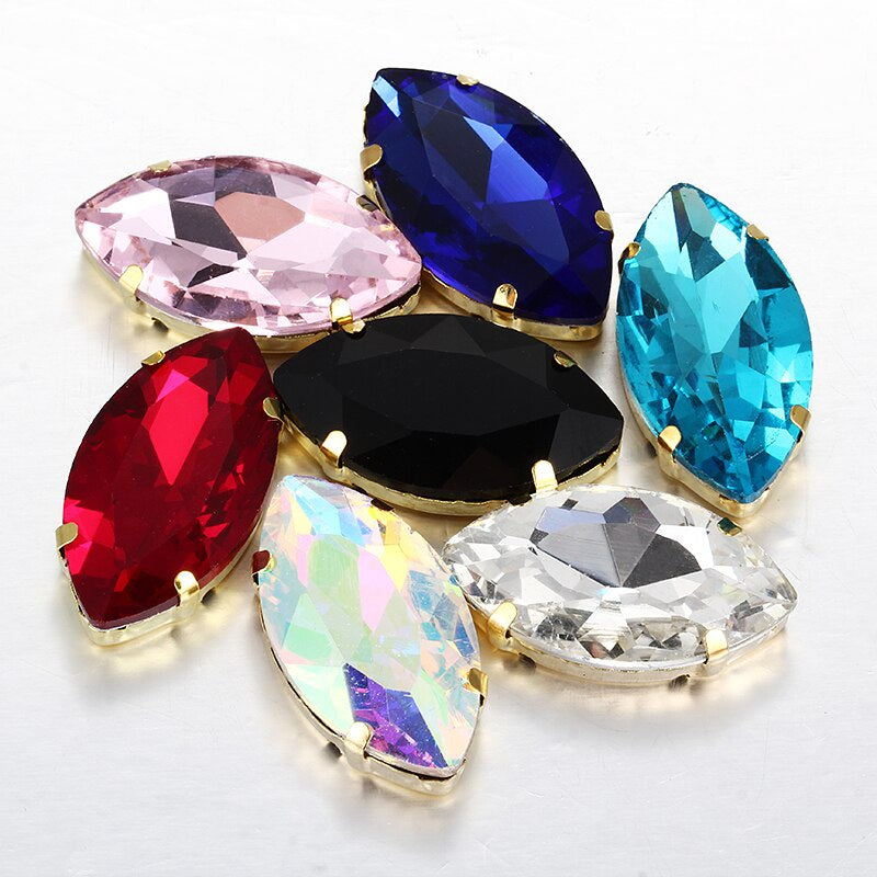 20pcs Leaf Shape Glass Rhinestones with Gold Bottom Horse Eye Claw Rhinestone Quadangle Glass Claw Hand Sewn Crystal Diy Clothing Shoes Bag Accessories 4*15mm/7*15mm