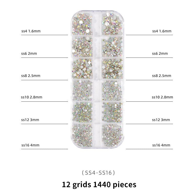 1440pcs 12 Grid Set Mixed Color Flat Nail Diamond AB Color Glass Crystal Phone Case DIY Accessories