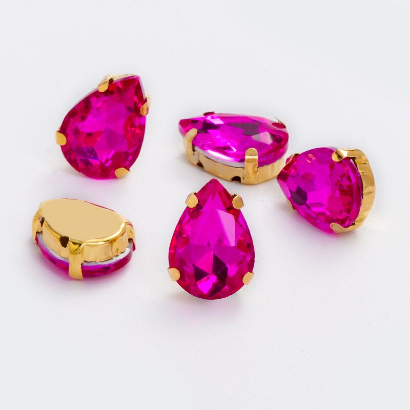 【ready stock】Yichuan Drop Rhinestone Sew-on Glass Golden Base Stones Crystal For Decoration and Crafts Clothes Sewn Rhinestones For Needlework
