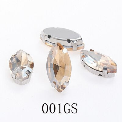 Yichuan  Horse Eye Navette Point Back Stones Metal Base Decorations For Clothes Sewn Rhinestones for Needlework Wedding Dress Crystal Jewelry for Crafts