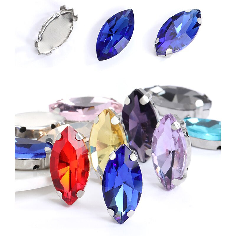 Yichuan  Horse Eye Navette Point Back Stones Metal Base Decorations For Clothes Sewn Rhinestones for Needlework Wedding Dress Crystal Jewelry for Crafts