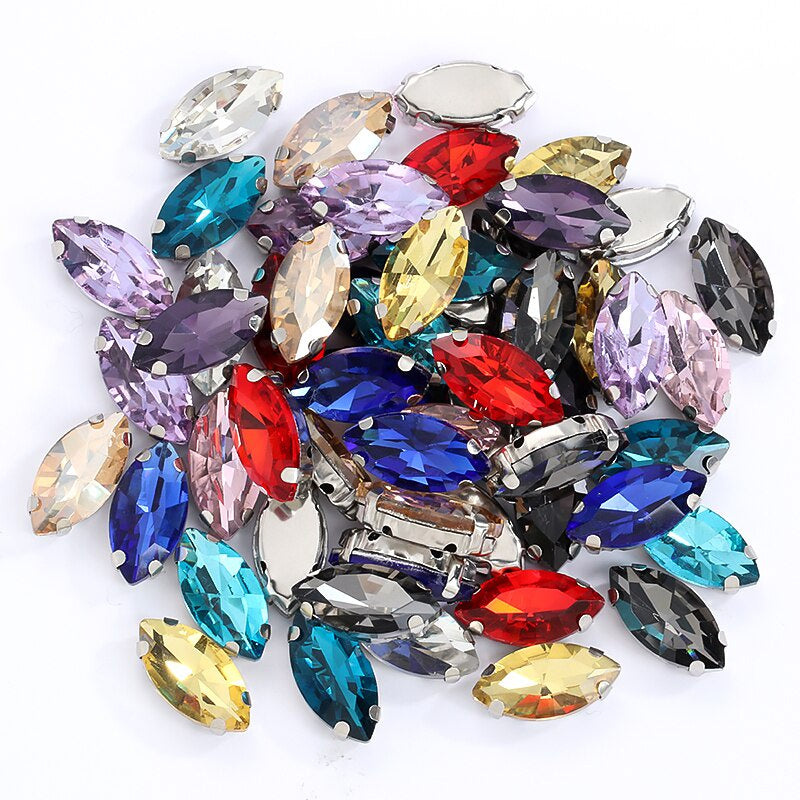 Yichuan  Horse Eye Navette Point Back Stones Metal Base Decorations For Clothes Sewn Rhinestones for Needlework Wedding Dress Crystal Jewelry for Crafts