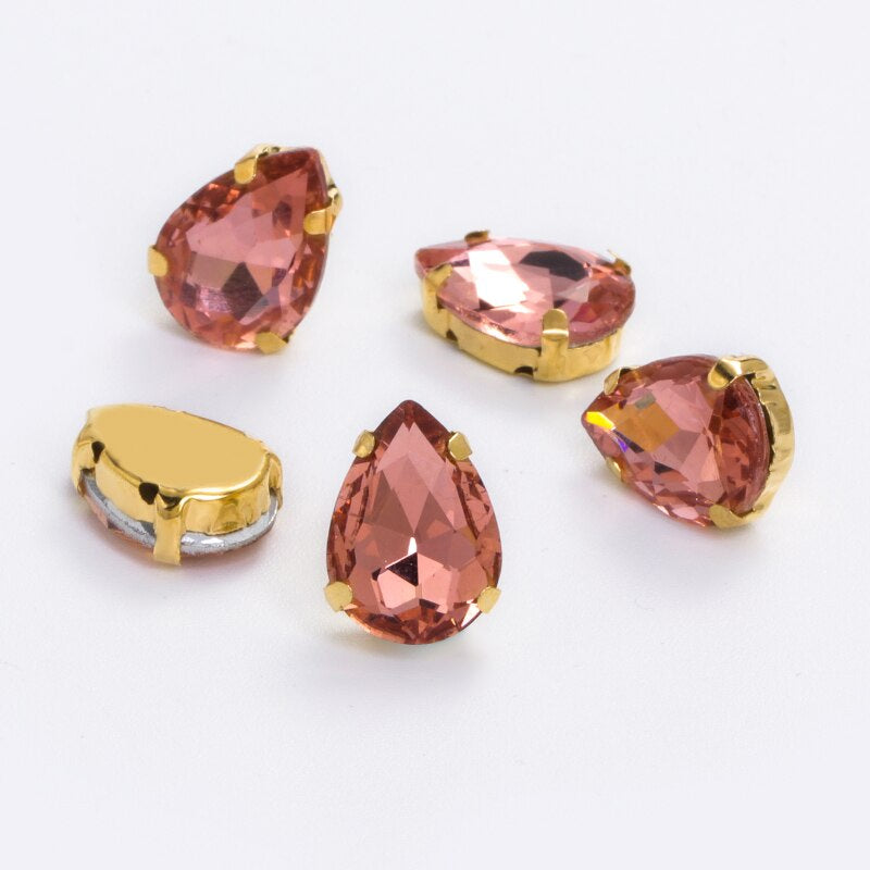 6×8mm 50pcs Mini Drop Rhinestone with Golden/White K Claw Sewn Into Clothes, with Holes At The Bottom