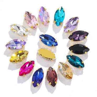20pcs Leaf Shape Glass Rhinestones with Gold Bottom Horse Eye Claw Rhinestone Quadangle Glass Claw Hand Sewn Crystal Diy Clothing Shoes Bag Accessories 4*15mm/7*15mm