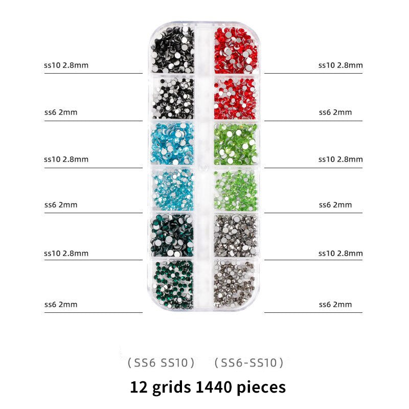 1440pcs 12 Grid Set Mixed Color Flat Nail Diamond AB Color Glass Crystal Phone Case DIY Accessories