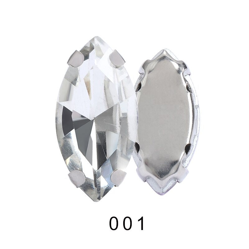 Yichuan  Horse Eye Navette Point Back Stones Metal Base Decorations For Clothes Sewn Rhinestones for Needlework Wedding Dress Crystal Jewelry for Crafts