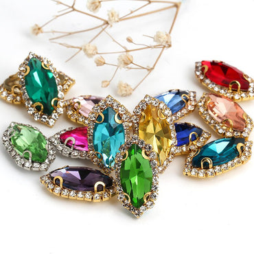 10pcs Crystal Gems Stones With White Claws Horse Eye Sewing Buttons Flatback Rhinestone Glitter Sewn Accessories
