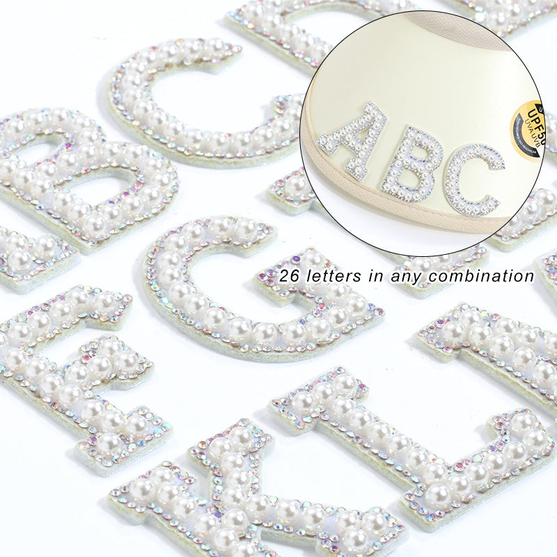 TonyBead 26 English Alphabet A-Z Pearl Letter Patches Rhinestone Patch Sewing On Patches Stripe Badge DIY Name