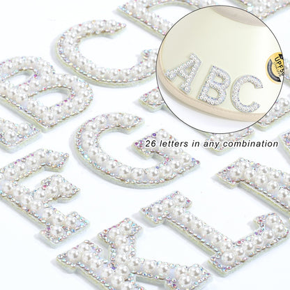 TonyBead 26 English Alphabet A-Z Pearl Letter Patches Rhinestone Patch Sewing On Patches Stripe Badge DIY Name