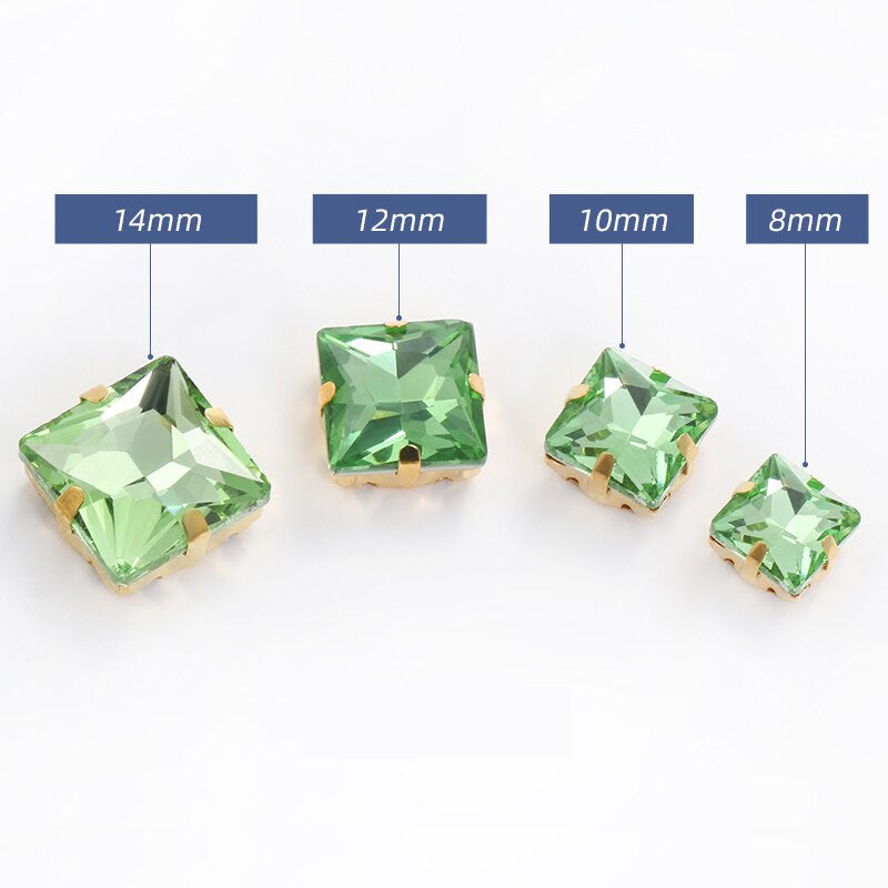 8/10mm 50PCS Square Shape Glass Rhinestones with Golden Claw Sew on Crystal Stone for Clothes Decoration Dress