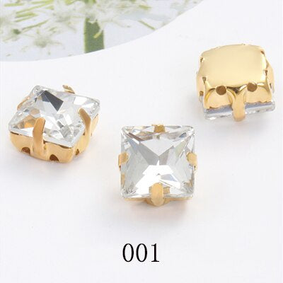 8/10mm 50PCS Square Shape Glass Rhinestones with Golden Claw Sew on Crystal Stone for Clothes Decoration Dress