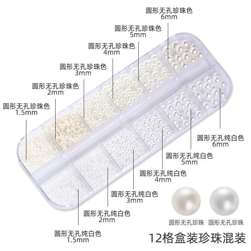 Nail Art Jewelry Boxed 12 Grid 6 Grid Mixed Nail Art Pearls Straight Hole No Hole Radius Pearl Set
