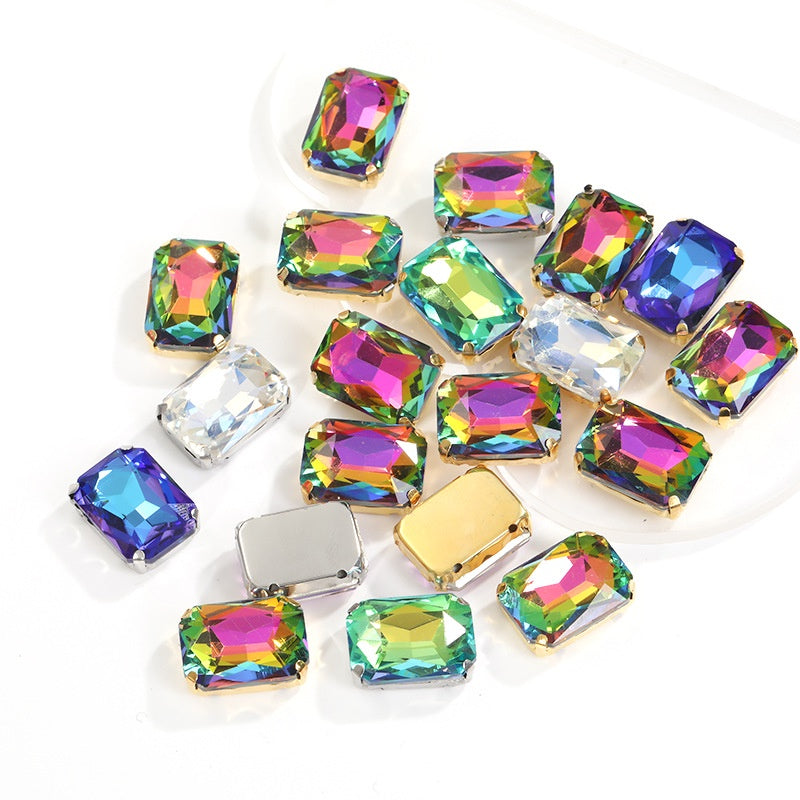 10pcs Rectangular Octagonal Claw Rhinestones Electroplating Color Hand Stitched Rhinestones with Holes Glass Crystal Diy Clothing Luggage Manual Materials