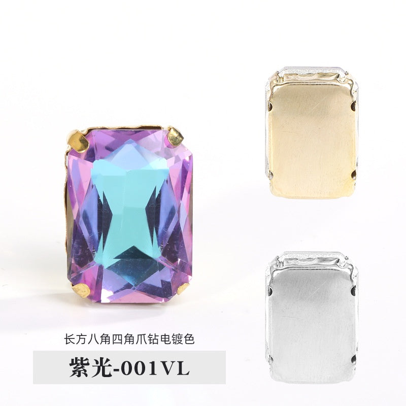 10pcs Rectangular Octagonal Claw Rhinestones Electroplating Color Hand Stitched Rhinestones with Holes Glass Crystal Diy Clothing Luggage Manual Materials