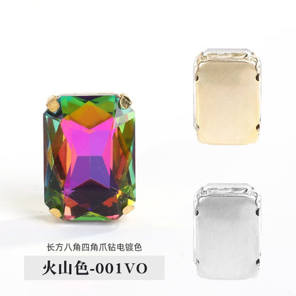 10pcs Rectangular Octagonal Claw Rhinestones Electroplating Color Hand Stitched Rhinestones with Holes Glass Crystal Diy Clothing Luggage Manual Materials