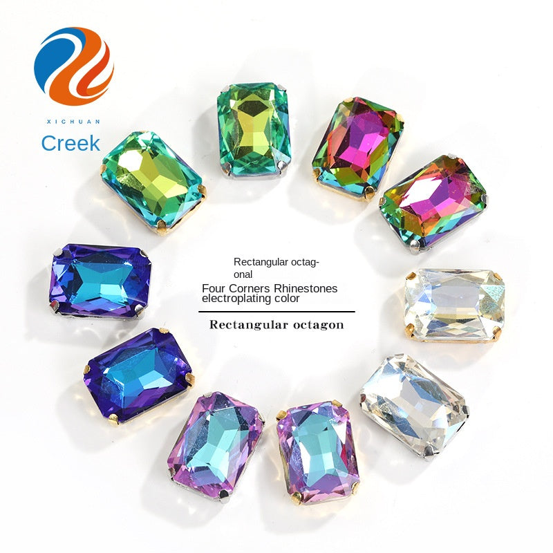 10pcs Rectangular Octagonal Claw Rhinestones Electroplating Color Hand Stitched Rhinestones with Holes Glass Crystal Diy Clothing Luggage Manual Materials