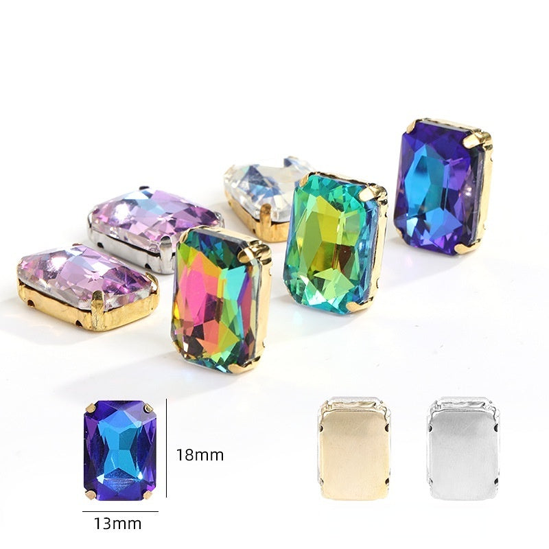 10pcs Rectangular Octagonal Claw Rhinestones Electroplating Color Hand Stitched Rhinestones with Holes Glass Crystal Diy Clothing Luggage Manual Materials