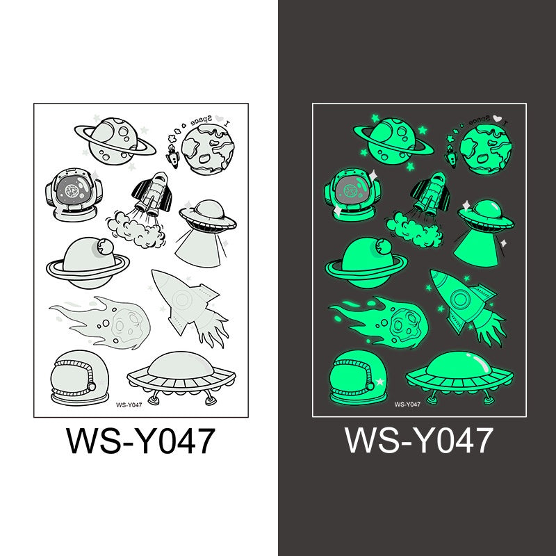 Waterproof Luminous Tattoo Stickers Cute Children's Cartoon Party Universe Space Rocket UFO Interstellar Temporary Stickers