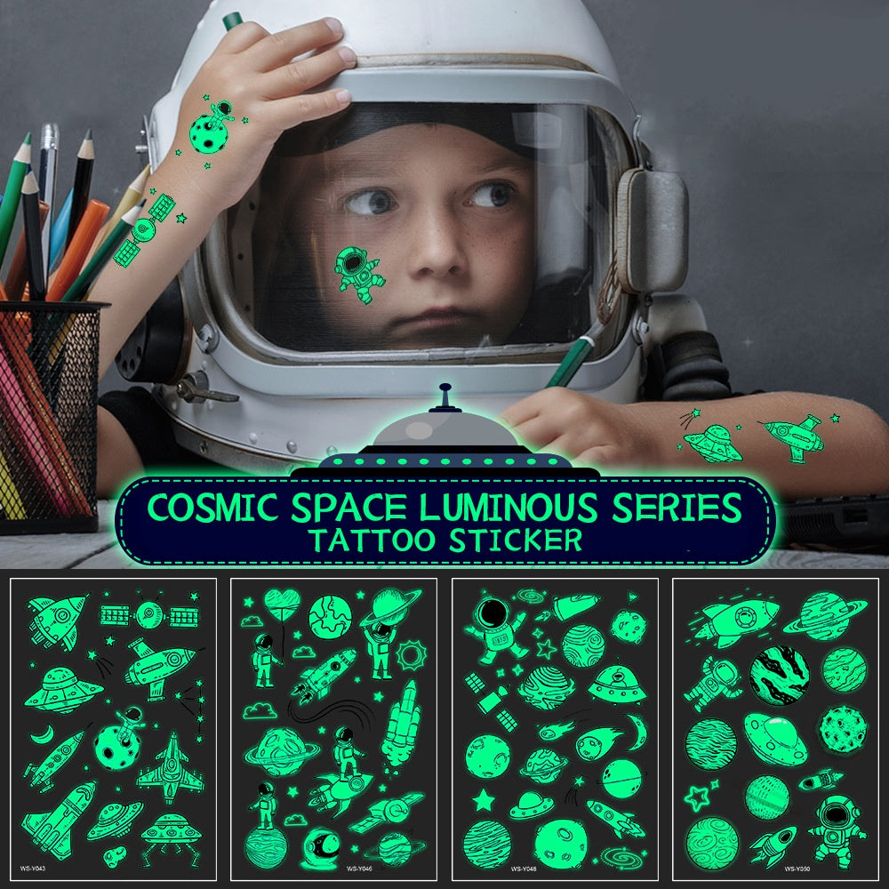 Waterproof Luminous Tattoo Stickers Cute Children's Cartoon Party Universe Space Rocket UFO Interstellar Temporary Stickers