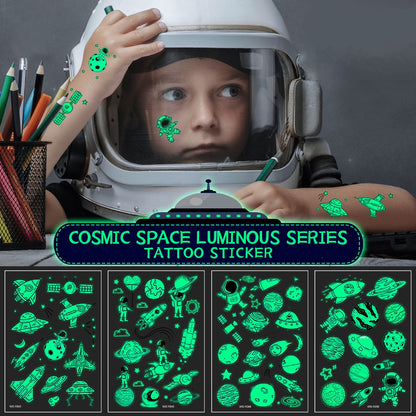 Waterproof Luminous Tattoo Stickers Cute Children's Cartoon Party Universe Space Rocket UFO Interstellar Temporary Stickers