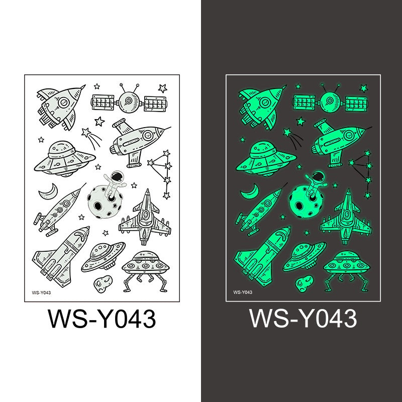 Waterproof Luminous Tattoo Stickers Cute Children's Cartoon Party Universe Space Rocket UFO Interstellar Temporary Stickers