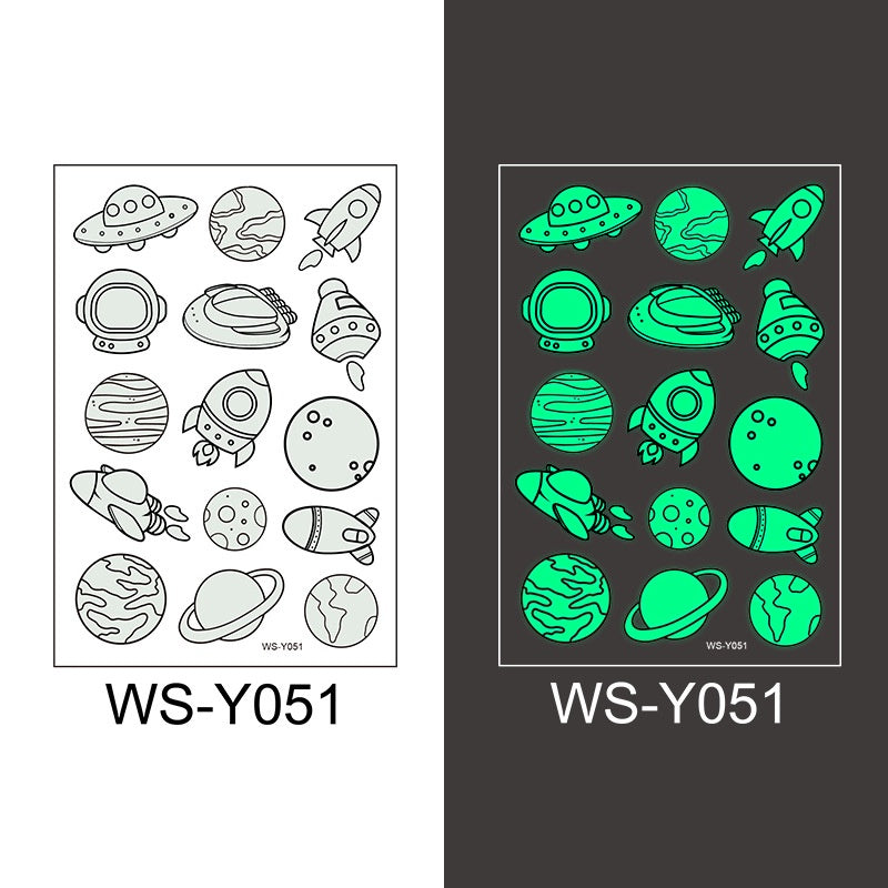Waterproof Luminous Tattoo Stickers Cute Children's Cartoon Party Universe Space Rocket UFO Interstellar Temporary Stickers