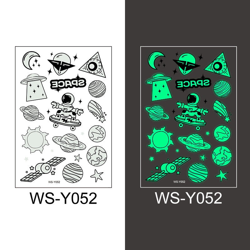 Waterproof Luminous Tattoo Stickers Cute Children's Cartoon Party Universe Space Rocket UFO Interstellar Temporary Stickers