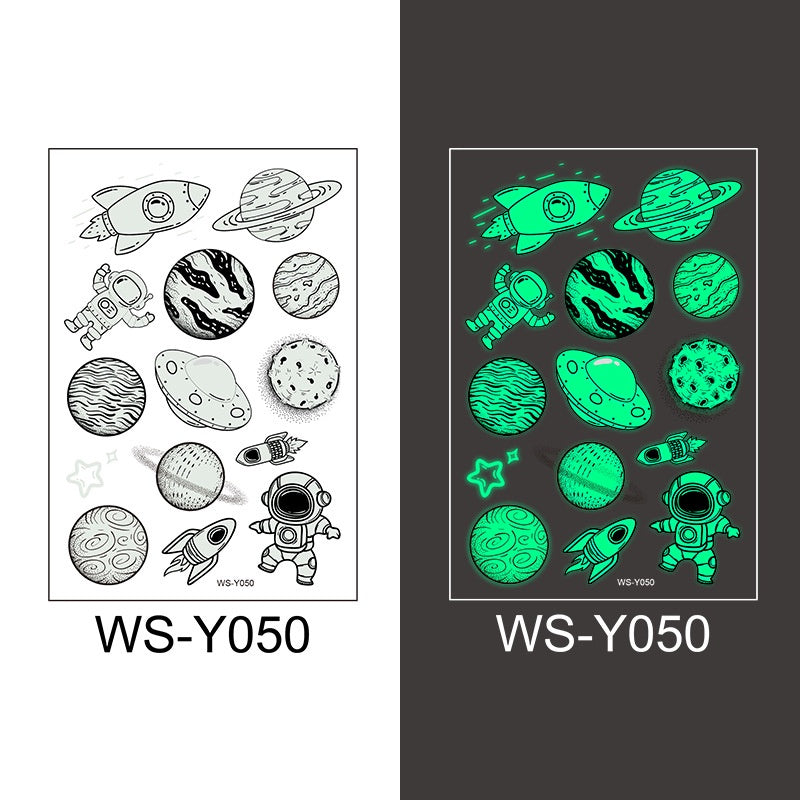 Waterproof Luminous Tattoo Stickers Cute Children's Cartoon Party Universe Space Rocket UFO Interstellar Temporary Stickers