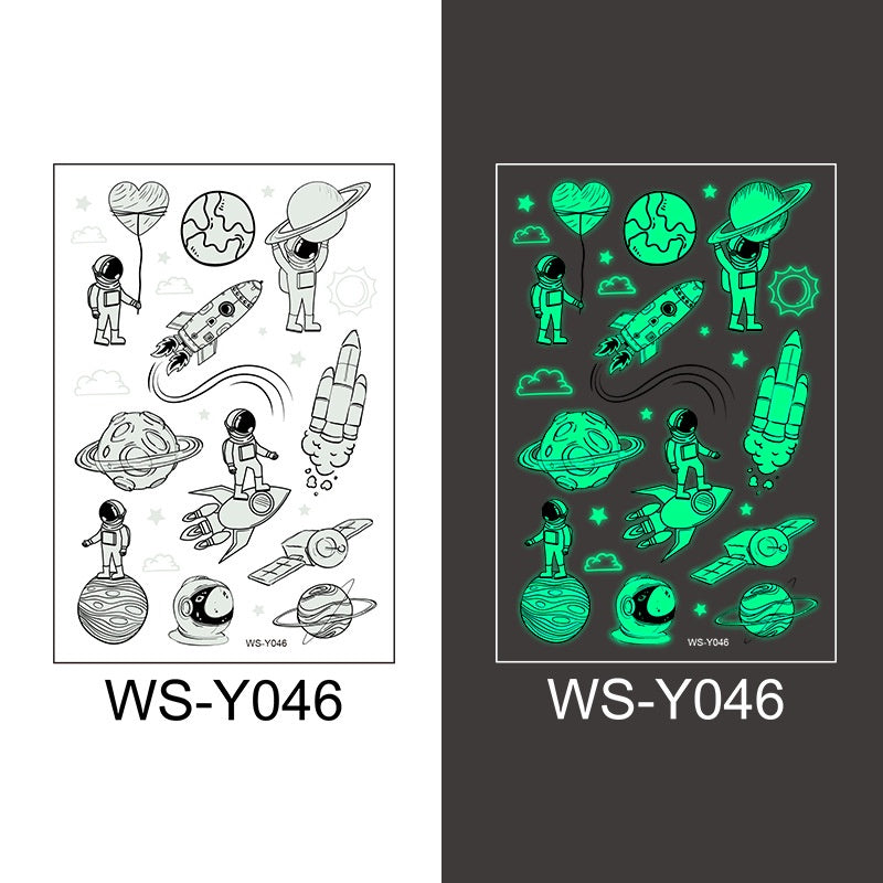 Waterproof Luminous Tattoo Stickers Cute Children's Cartoon Party Universe Space Rocket UFO Interstellar Temporary Stickers