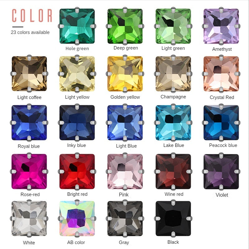 8/10/12/14mm Square Shape Rhinestones with Sliver Claw Stone for Garment Shoes Bag Making