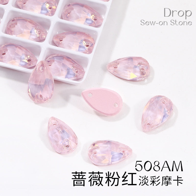 7*12mm/10*14mm Water Drop Glass Button Flat Bottom Double Hole Rhinestone Hand Sewn Crystal Stone AB Color Flat Button Wedding Accessories