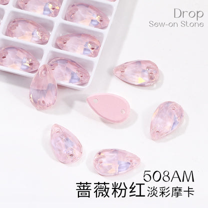 7*12mm/10*14mm Water Drop Glass Button Flat Bottom Double Hole Rhinestone Hand Sewn Crystal Stone AB Color Flat Button Wedding Accessories