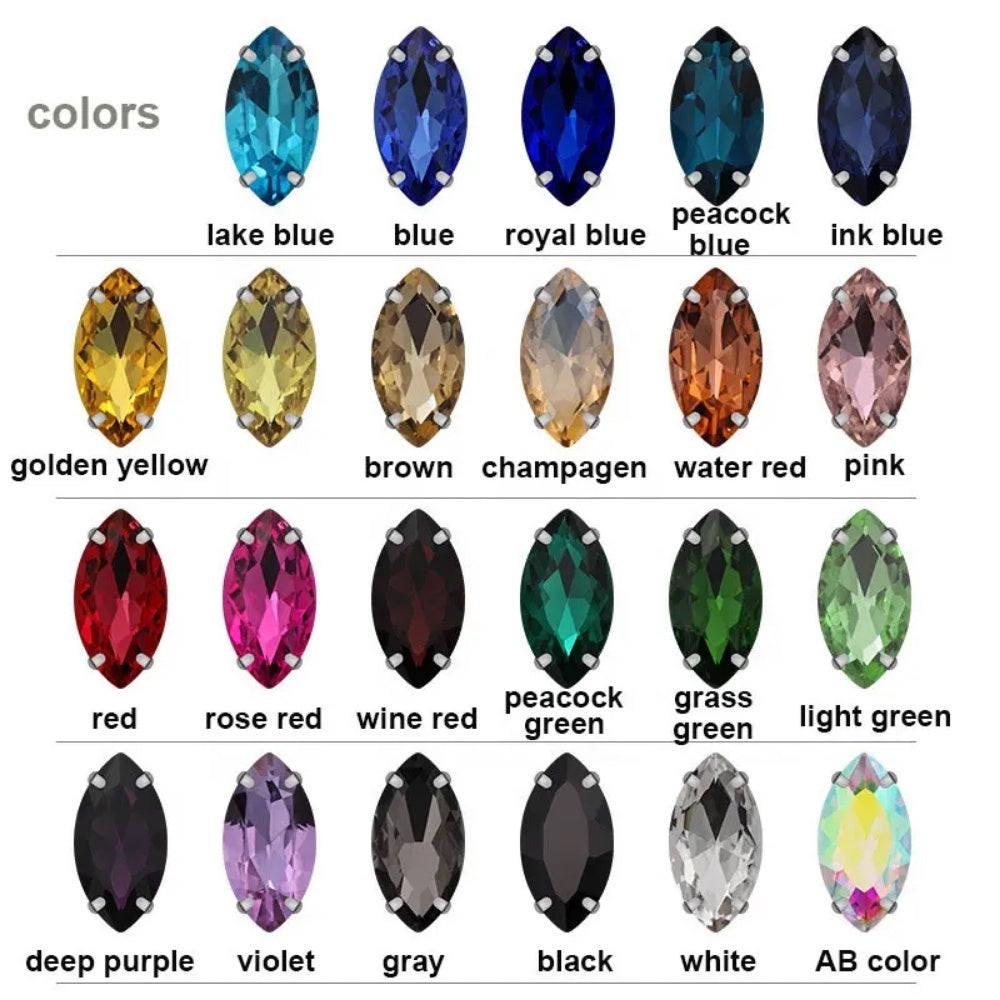 Hot Sell 6*12mm 7*15mm Navette Horse Eye Shape Crystal Rhinestone with Silver Bottom for Sew on Clothing Accessories