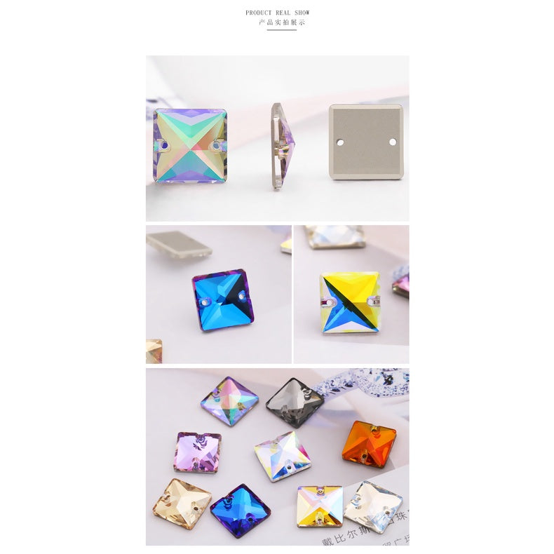 10pcs Flat Hand Stitched Crystal Square Flat Button Glass Double Hole Rhinestone