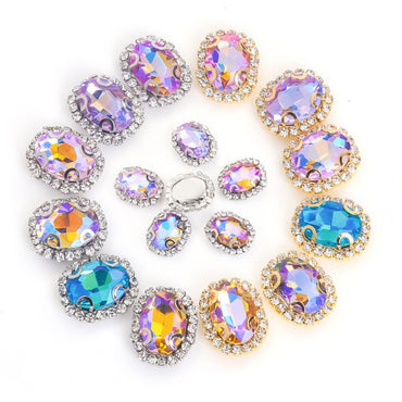 18*25mm 5pcs Oval Shape Sew On Crystal Glass Rhinestone with Gold/Sliver Bottom for DIY Clothing Accessories
