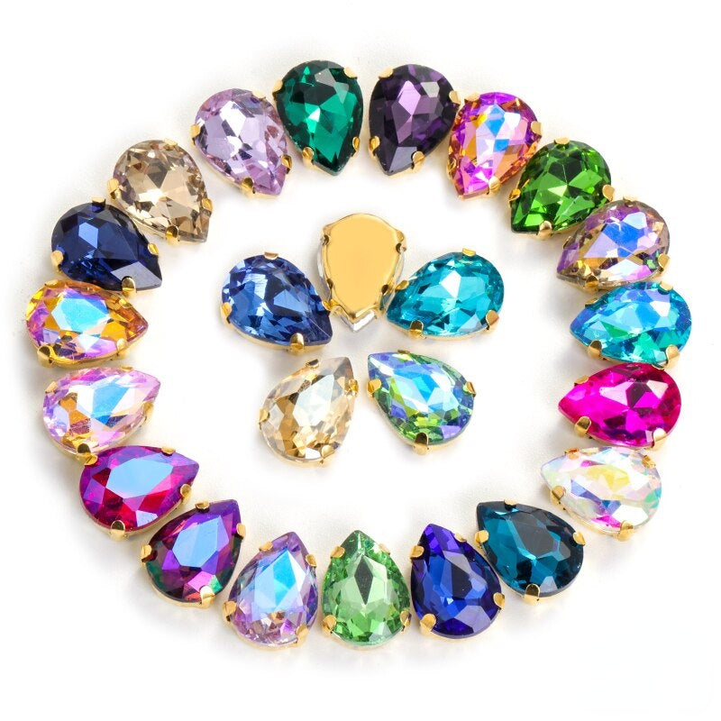 【ready stock】Yichuan Drop Rhinestone Sew-on Glass Golden Base Stones Crystal For Decoration and Crafts Clothes Sewn Rhinestones For Needlework
