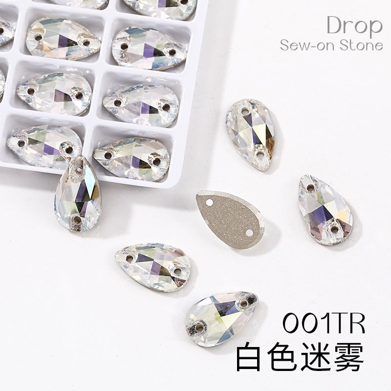 7*12mm/10*14mm Water Drop Glass Button Flat Bottom Double Hole Rhinestone Hand Sewn Crystal Stone AB Color Flat Button Wedding Accessories