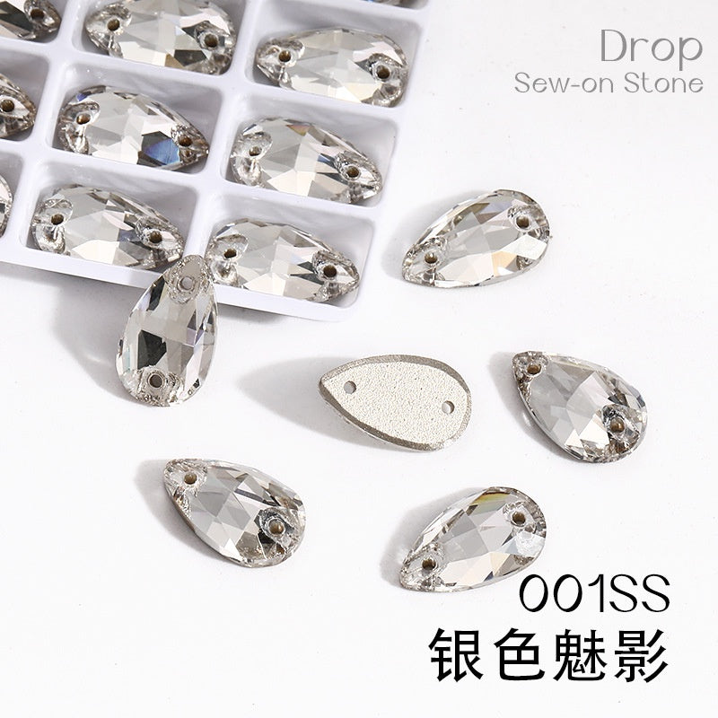 7 * 12Mm/10 * 14mm water drop glass buckle flat bottom double hole rhinestone hand sewn crystal stone AB color flat buckle wedding accessories