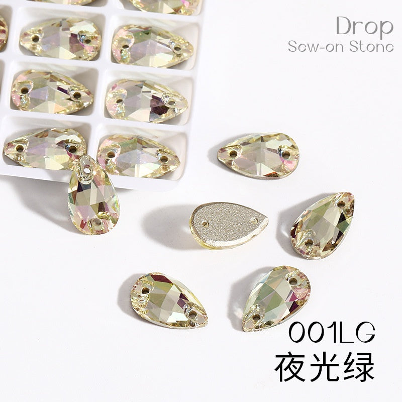 7*12mm/10*14mm Water Drop Glass Button Flat Bottom Double Hole Rhinestone Hand Sewn Crystal Stone AB Color Flat Button Wedding Accessories