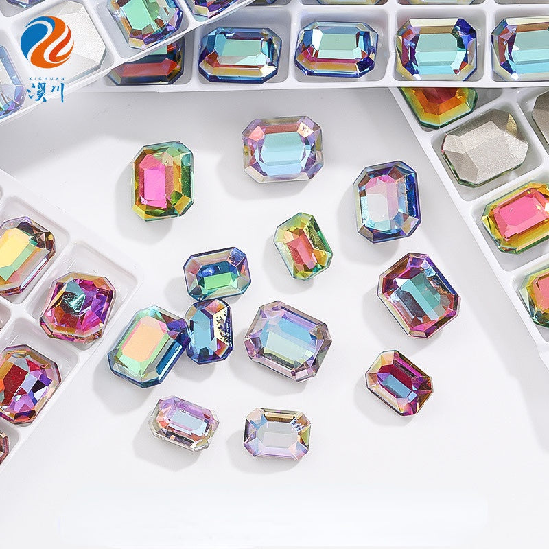 10pcs Pointy Bottoming Nail Rhinestone Rectangular Octagonal Coating Electroplating Light Color Crystal Shaped Glass Rhinestone Diy Clothing Case and Bag Accessories