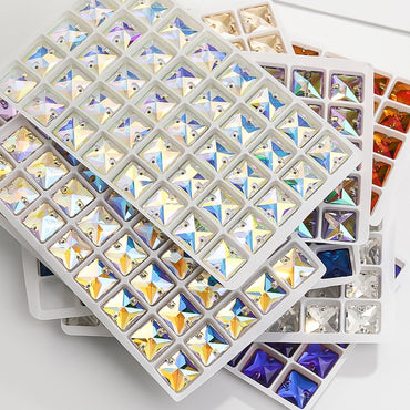 10pcs Flat Hand Stitched Crystal Square Flat Button Glass Double Hole Rhinestone