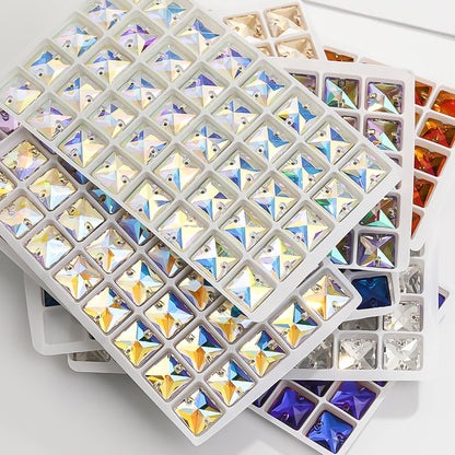 10pcs Flat Hand Stitched Crystal Square Flat Button Glass Double Hole Rhinestone