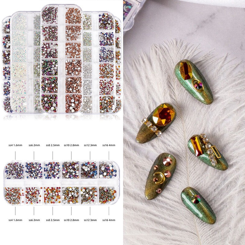 1440pcs 12 Grid Set Mixed Color Flat Nail Diamond AB Color Glass Crystal Phone Case DIY Accessories