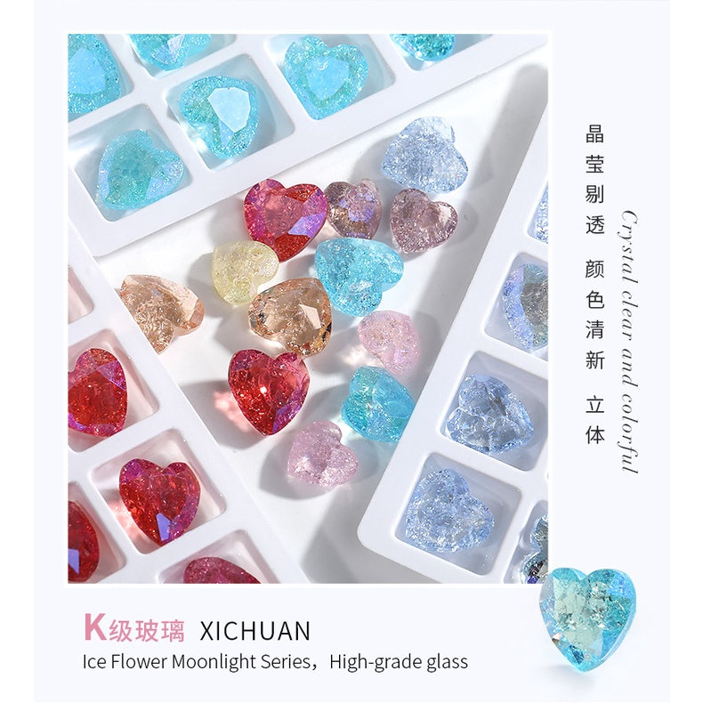 Summer Peach Heart Translucent Nail Art Rhinester Pointed Bottom Love Ice Flower Moonlight Luxury Crystal Large Rhinester Nails