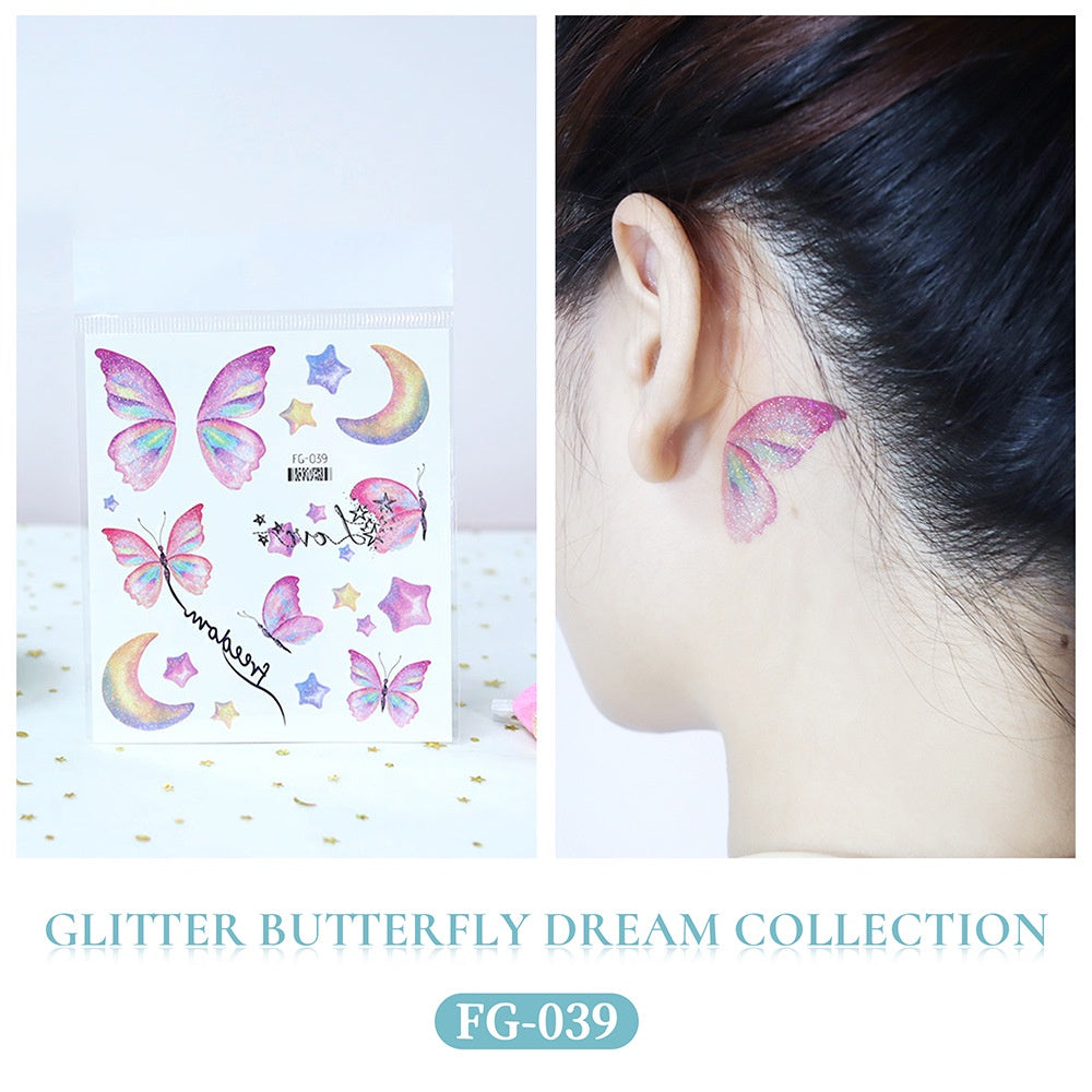 Butterfly Tattoo Sticker Waterproof Glitter Butterfly Princess Face Sticker