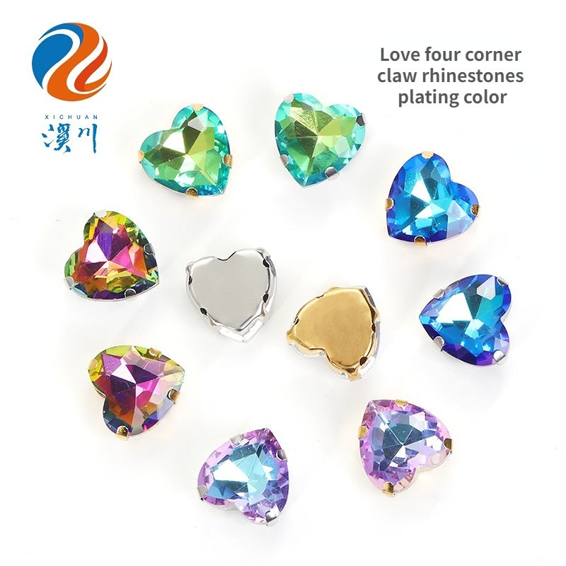 12mm Heart Shape Plating Shiny Color Clothing Accessories Rhinestone with Claw for DIY Jewelry Handmade