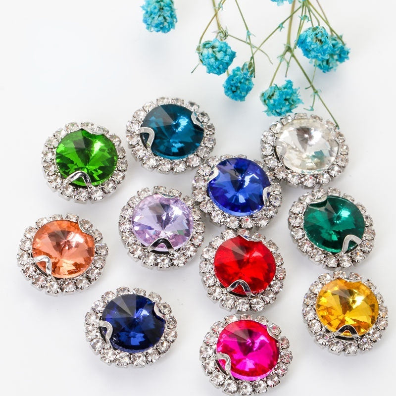 10pcs 14mm Round Rivoli Shape Crystal Rhinestone with Gold/sliver Bottom for DIY Handmade Clothing Accessories