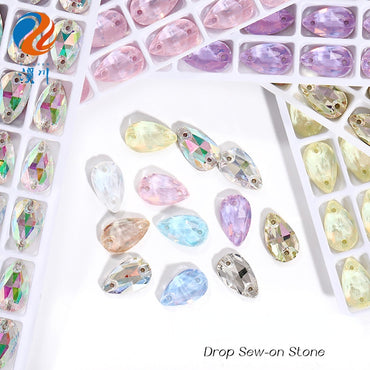 7*12mm/10*14mm Water Drop Glass Button Flat Bottom Double Hole Rhinestone Hand Sewn Crystal Stone AB Color Flat Button Wedding Accessories