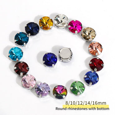 8/10/12/14/16/18mm Round Crystal with Silver Claw Glass Stone Sew on Rhinestone for Clothes Accessory