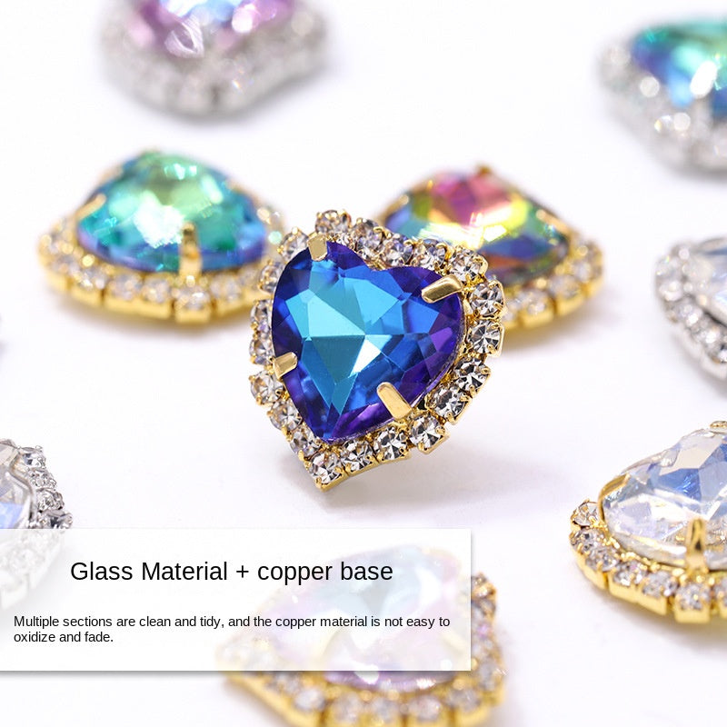 5PCS Shiny Color Love Crystal Buckle Electroplating Color Glass Golden Setting Rhinestone Girth Edge Hand Stitched Rhinestone with silver bottom Diy Clothing Accessories